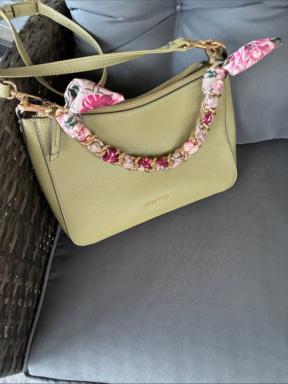 Nine West Olive Crossbody with Pink-Patterned Scarf Chain - Picture 14 of 15